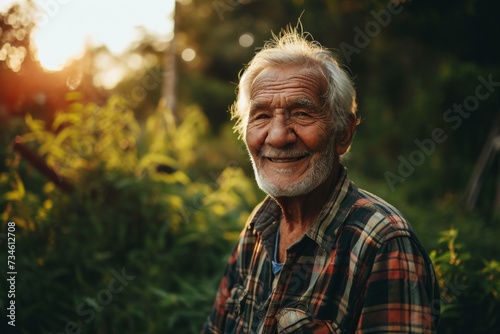 Portrait of a senior man in his garden at sunset time.