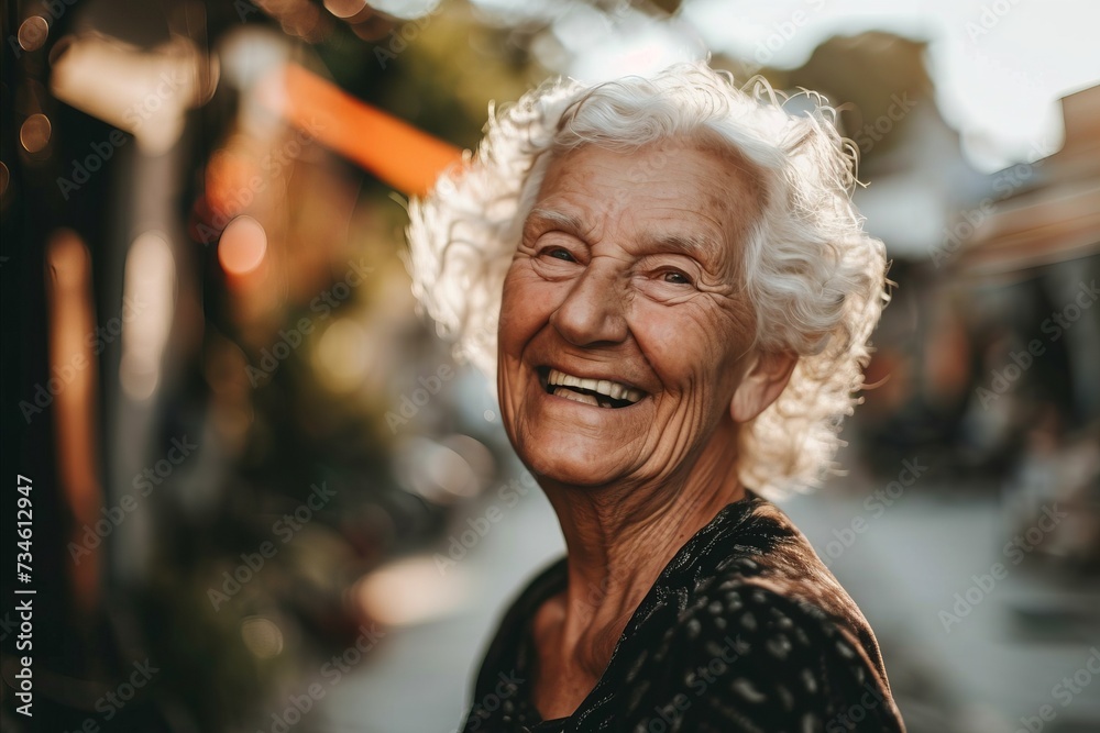 Portrait of a smiling senior woman walking in the city. Happy elderly woman.