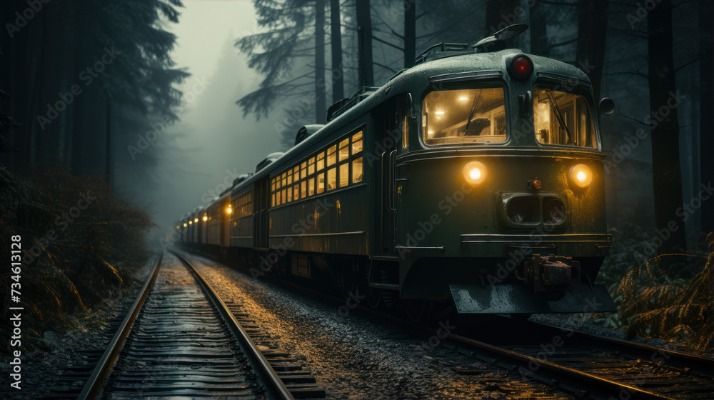 Fototapeta premium Classic trains run along mountain paths through natural forests
