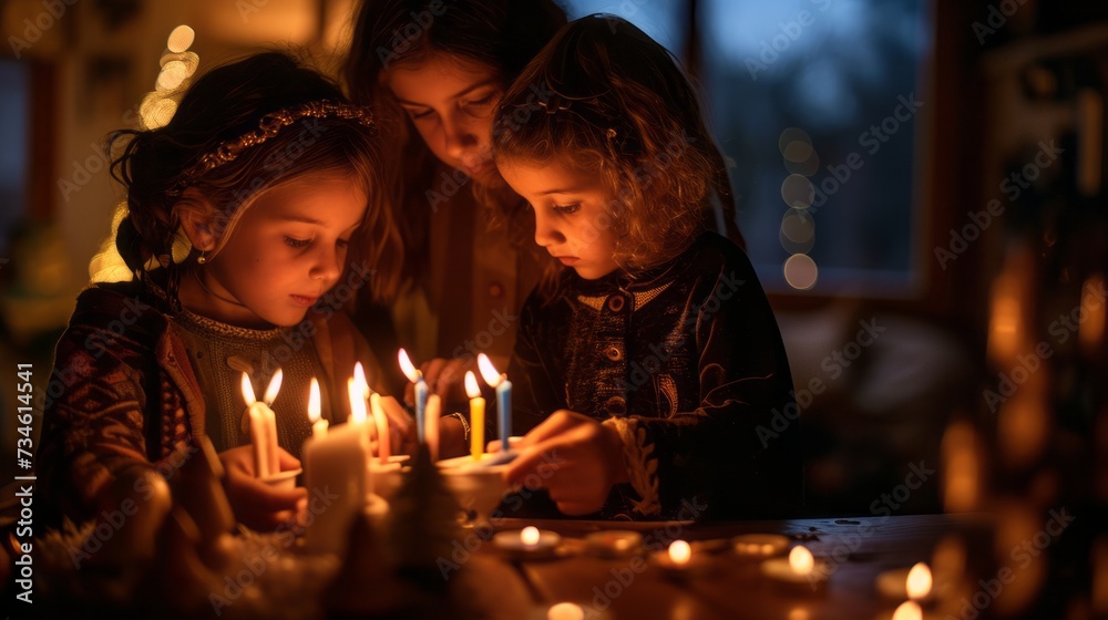 Intimate Evening Celebration with Children Lighting Candles Indoors Intimate Evening Celebration with Children Lighting Candles Indoors