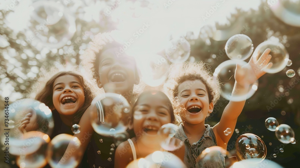 Multi-ethnic group of little friends with toothy smiles on their faces enjoying warm sunny day while participating in soap bubbles show - obrazy, fototapety, plakaty 