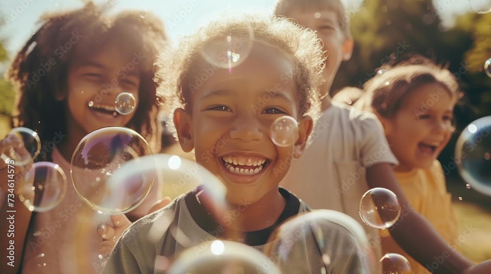 Multi-ethnic group of little friends with toothy smiles on their faces enjoying warm sunny day while participating in soap bubbles show - obrazy, fototapety, plakaty 
