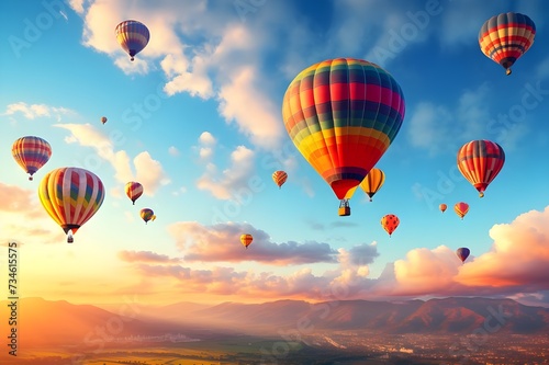 A cluster of colorful hot air balloons ascending into the sky during a festival.