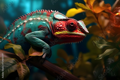 A close-up of a chameleon blending seamlessly with the vibrant leaves of a tropical plant.