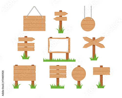 Wooden sign and pointer in green grass set. Vector cartoon old wood sign post, sign board with sheet of white paper, banners hanging on chains and arrow isolated on white. Simple flat illustration.