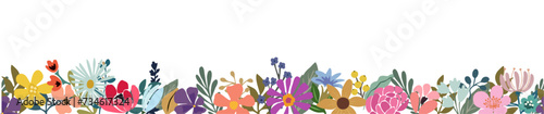 Seamless floral border with colorful abstract flowers  leaves  spring background  banner  design element for greeting card  invitation. Vector illustration isolated on transparent background.