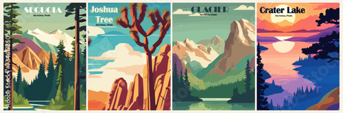 Set of Retro National Parks posters, Vintage USA travel illustrations. Trendy printable wall art with beautiful american landscapes. Vector colorful illustrations. photo