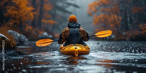 Whitewater kayaking, extreme sport rafting. Guy in kayak sails mountain river.Sport Man is kayaking with spray paddle splashes. Summer day, travel concept.Ai  © Impress Designers