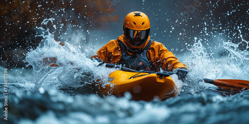 Whitewater kayaking, extreme sport rafting. Guy in kayak sails mountain river.Sport Man is kayaking with spray paddle splashes. Summer day, travel concept.Ai
