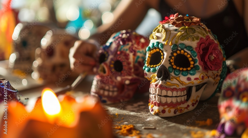 Fototapeta premium Artist Creating Colorful Skulls for Day of the Dead Celebration