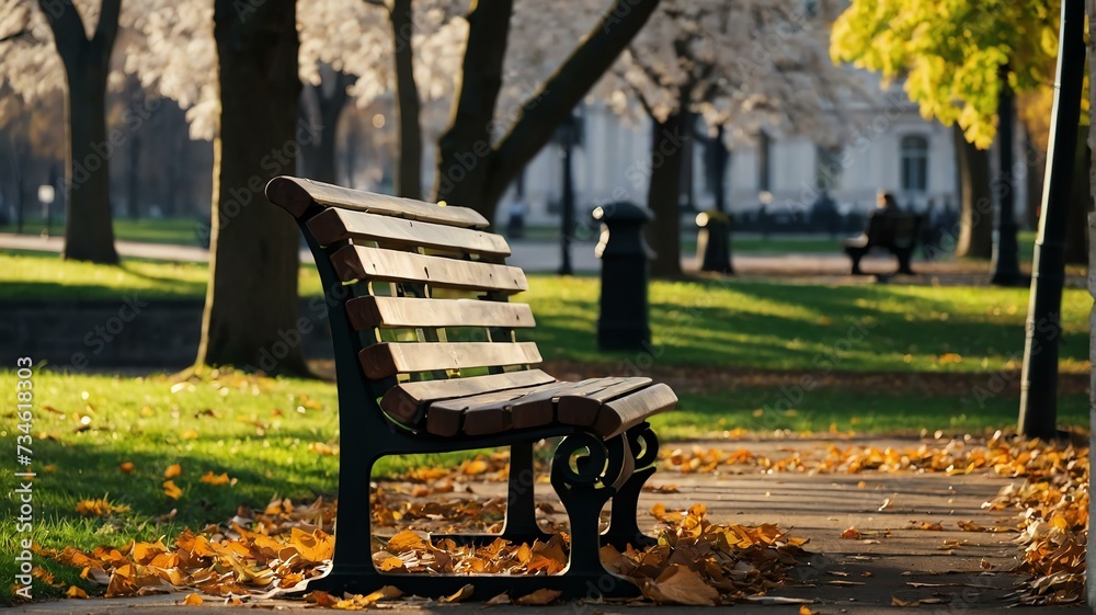 Bench in the park on spring with fallen leaves from Generative AI