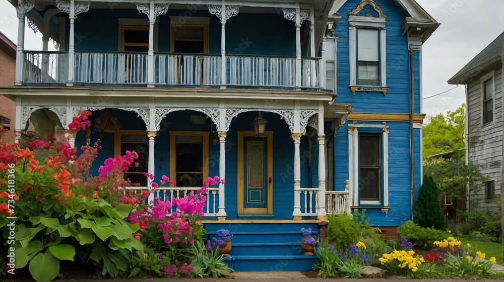 Blue Victorian-era porch with stairs to old house with colorful spring flowers and garden landscaping from Generative AI