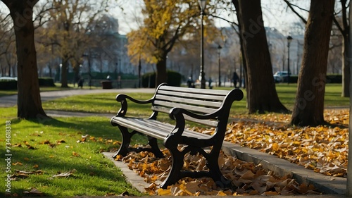 Bench in the park on spring with fallen leaves from Generative AI