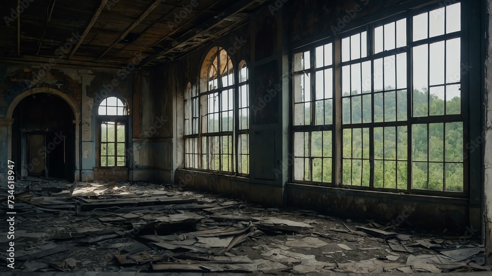 Interior of old abandoned historic building from Generative AI Interior of old abandoned historic building from Generative AI