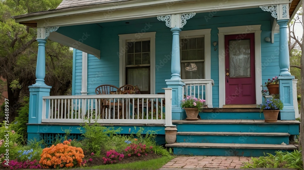 Fototapeta premium Light blue Victorian-era porch with stairs to old house with colorful spring flowers and garden landscaping from Generative AI