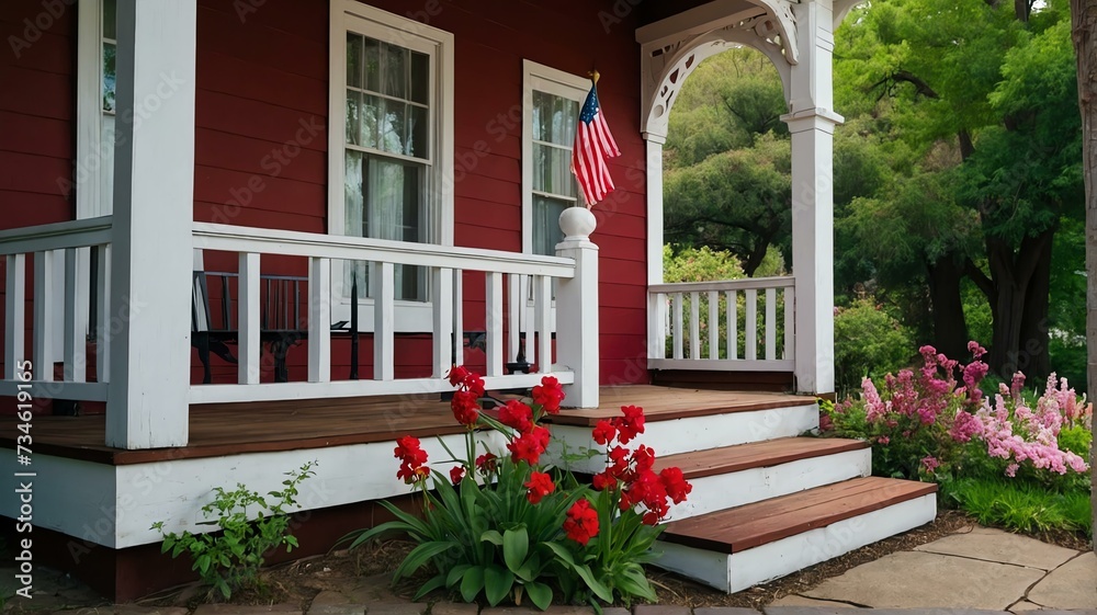 Red Victorian-era porch with stairs to old house with colorful spring flowers and garden landscaping from Generative AI
