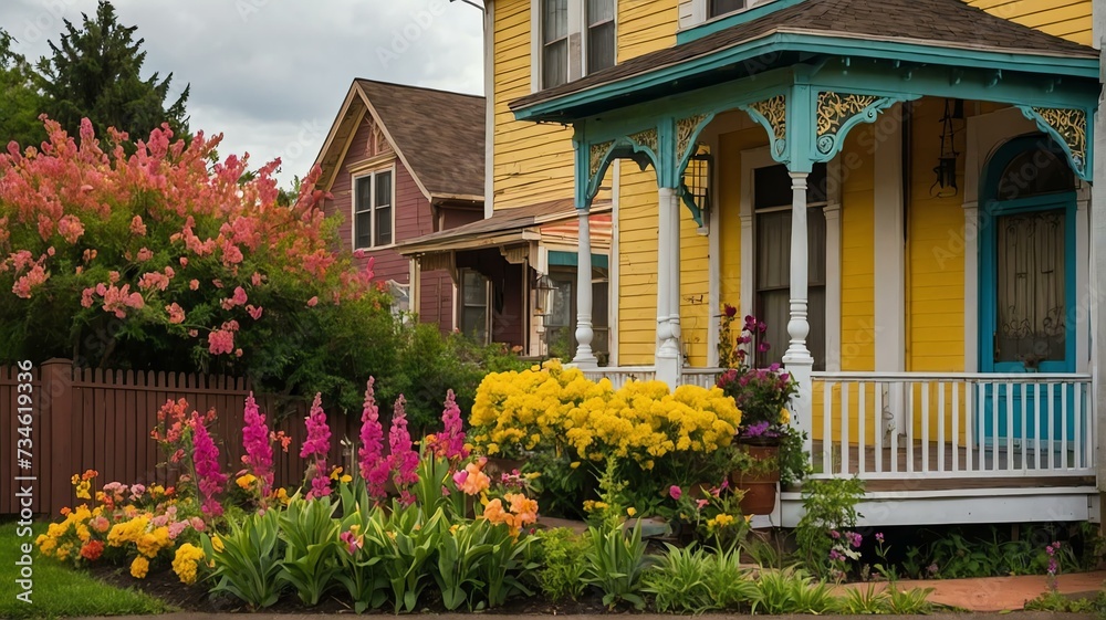 Yellow Victorian-era porch with stairs to old house with colorful spring flowers and garden landscaping from Generative AI