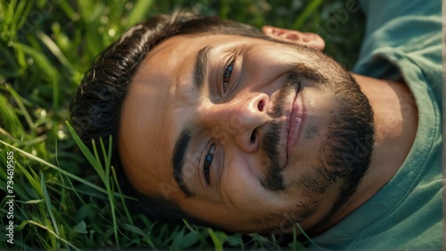 A happy smiling handsome young hispanic man lying in the summer green grass, top view from Generative AI