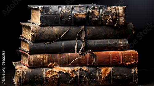 A stack of weathered books with leather covers, each telling its own story through texture and age