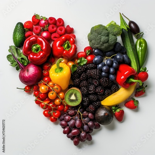 A heart-shaped arrangement of fresh fruits and vegetables