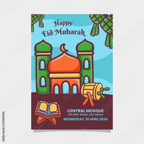 Eid Mubarak Flyer Poster for Open House with mosque illustration design template