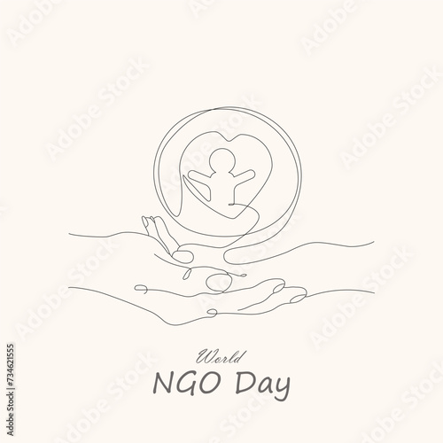 World Ngo Day design of helping charity hands, human, heart and world map. Vector, illustration. Hand drawn drawing of World NGO Day.