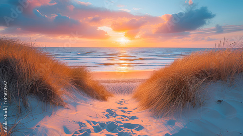Beautiful dunes beach at sunset North Sea Germany, generative ai photo