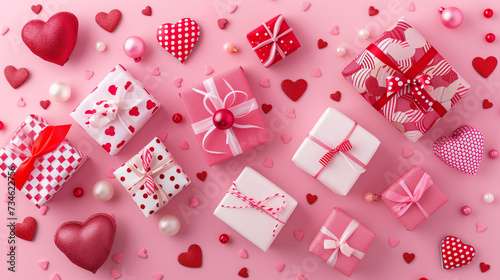 valentines greeting card with hearts and gifts on pink background