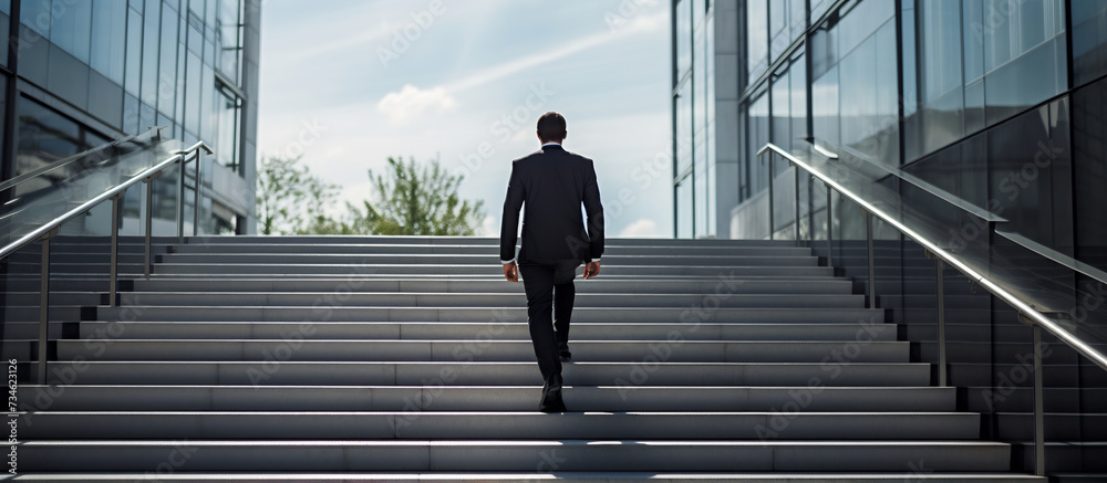 Ambitious Businessman Ascending Stairs in Modern Urban Setting. Career Growth Concept