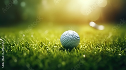 golf ball on grass on green grass golf course highlighted by sunrise light