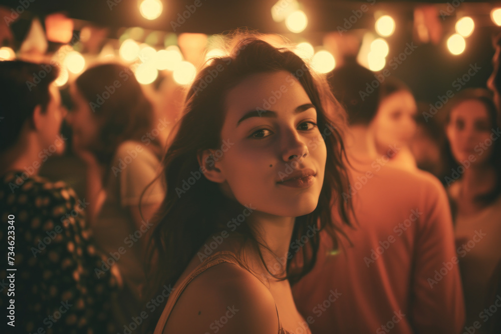 Young Woman with a Reflective Gaze at a Festive Party with Warm String Lights