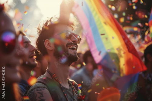 Joyful Crowd Celebrating with Confetti and Rainbow Flags at Pride Parade