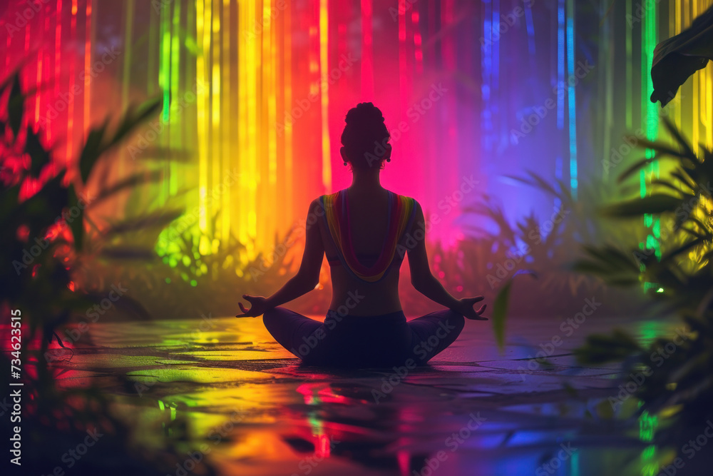 Silhouette of a Person Meditating in a Tranquil Space with Vibrant Rainbow Lights