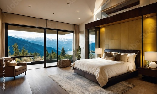 Gorgeous modern large room with huge windows and large bed, scenic mountain views outside the window  © Igor Voron