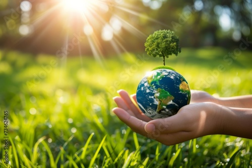 ESG is a framework that helps stakeholders understand how an organisation is managing risks and opportunities related to environmental Hand holding earth on green grass on sunlight Energy saving tree