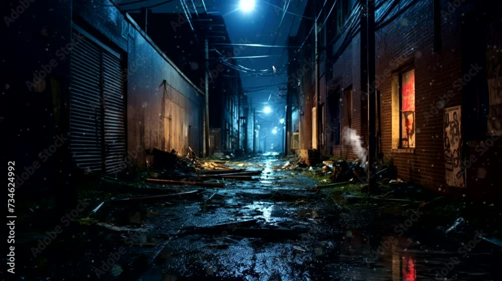 Wet street scene after rain and firework, animated virtual repeating seamless 4k	