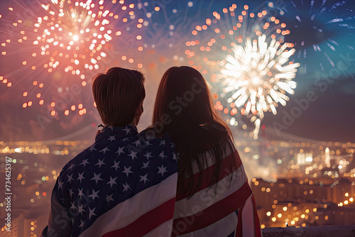 Patriotic Embrace  Couple Wrapped in American Flag Watching Fireworks Over City Skyline