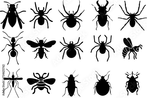 Pests and insect icons.High quality insect icons like beetle, butterfly, ant, caterpillar, dragonfly, fly, honey, bee and many more for insect killing pesticide products. Insecticide and cleanliness. © munir