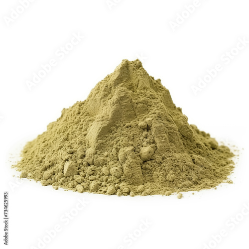 close up pile of finely dry organic fresh raw mullein leaf powder isolated on white background. bright colored heaps of herbal, spice or seasoning recipes clipping path. selective focus