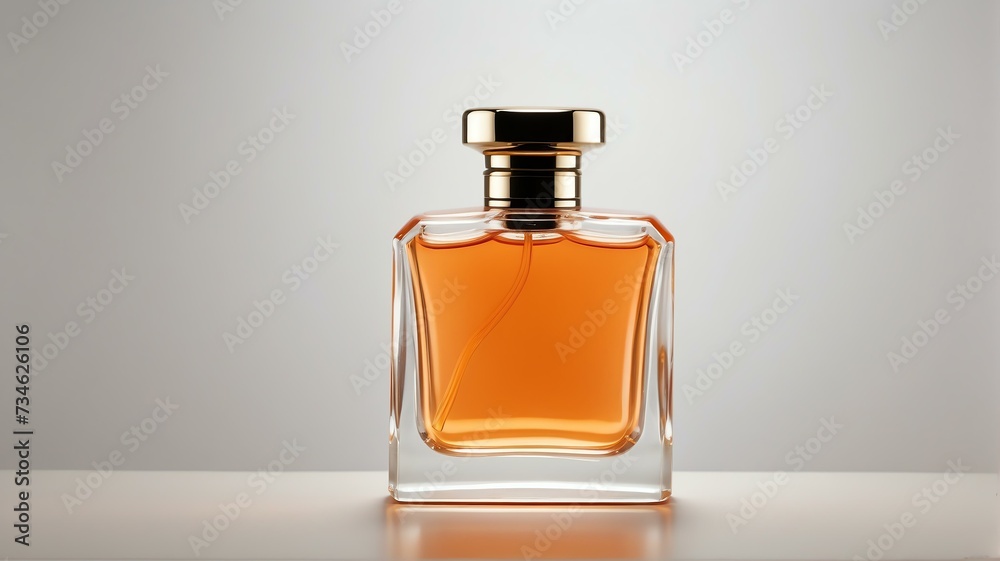 An elegant modern looking glass light orange perfume bottle on plain white background from Generative AI An elegant modern looking glass light orange perfume bottle on plain white background from Generative AI