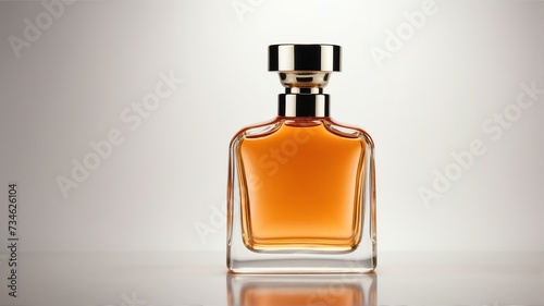 An elegant modern looking glass light orange perfume bottle on plain white background from Generative AI