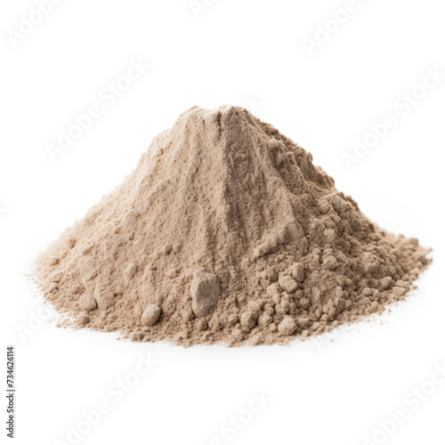 close up pile of finely dry organic fresh raw mushroom blend powder isolated on white background. bright colored heaps of herbal, spice or seasoning recipes clipping path. selective focus