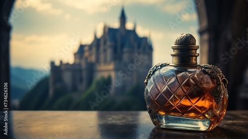 A beautiful glass for womens perfume bottle on a castle background from Generative AI
