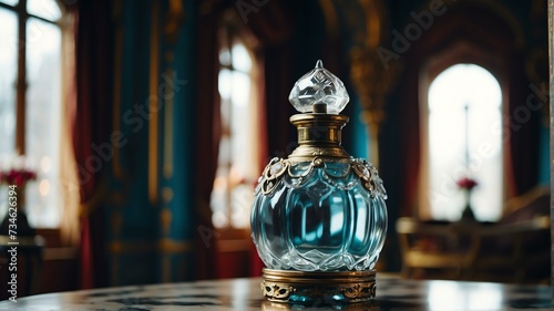A beautiful glass for womens perfume bottle on a palace interior background from Generative AI