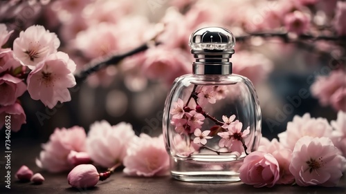 A beautiful glass for womens perfume bottle on cherry blossoms flowers background from Generative AI
