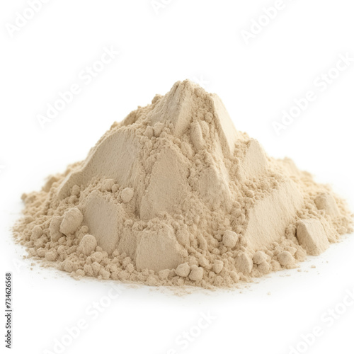 close up pile of finely dry organic fresh raw mushroom powder isolated on white background. bright colored heaps of herbal, spice or seasoning recipes clipping path. selective focus photo