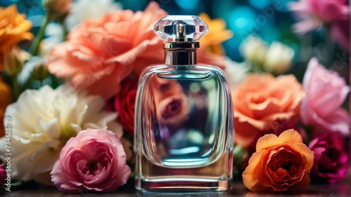 A beautiful glass for womens perfume bottle on colorful flowers background from Generative AI photo