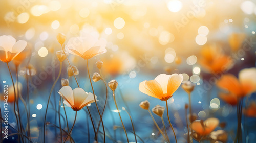 Abstract natural spring background light rosy dark meadow flowers closeup with sun rays and light.