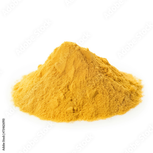 close up pile of finely dry organic fresh raw mustard powder isolated on white background. bright colored heaps of herbal, spice or seasoning recipes clipping path. selective focus