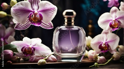 A beautiful glass for womens perfume bottle on orchid flowers background from Generative AI